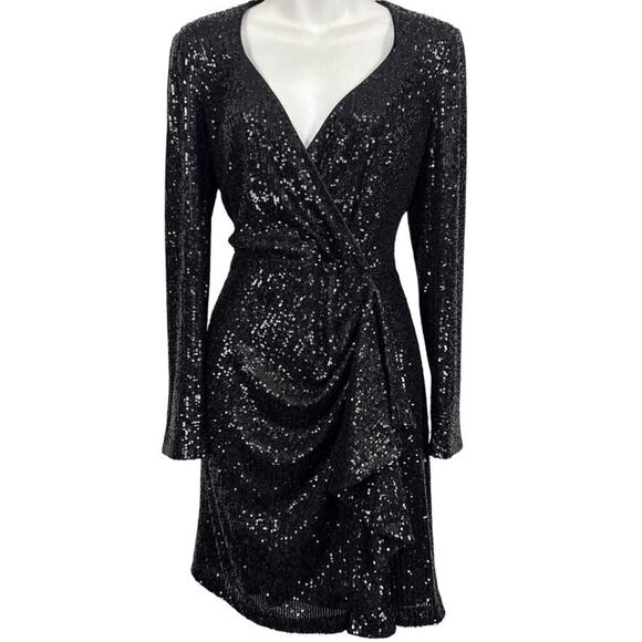 Badgley Mischka Belle All Over Sequin Long Sleeve V-Neck Cocktail Party Dress 4 - Picture 1 of 16